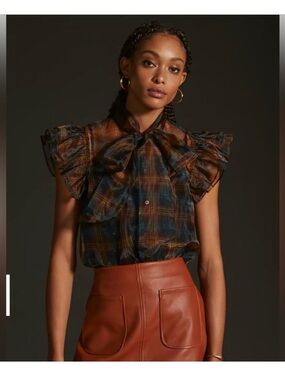Anthropologie x Current Air Current Air Sheer Plaid Blouse xs